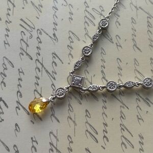 Dainty Sterling Silver Necklace with Yellow Crystal Pendant & Cubic Zirconias